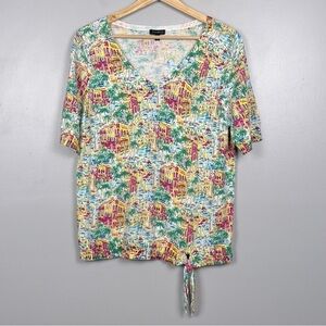 Talbots 100% cotton knit Streets of Santorini side tie tropical top, large.